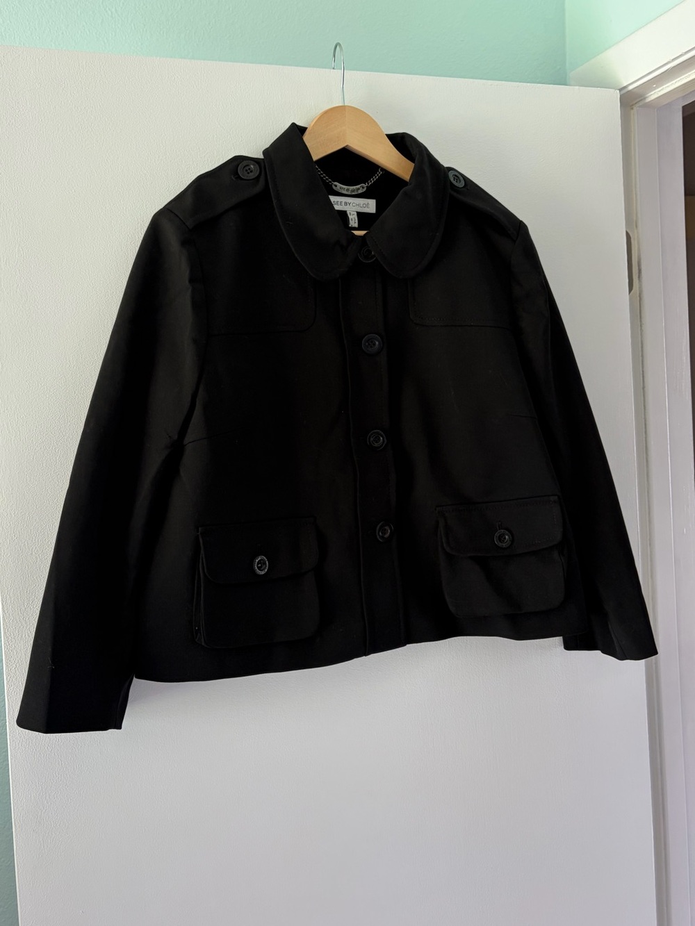 See by Chloé 10/M Black Wool Cropped Utility Jacket Peter Pan Collar Virgin Wool - Picture 3 of 11